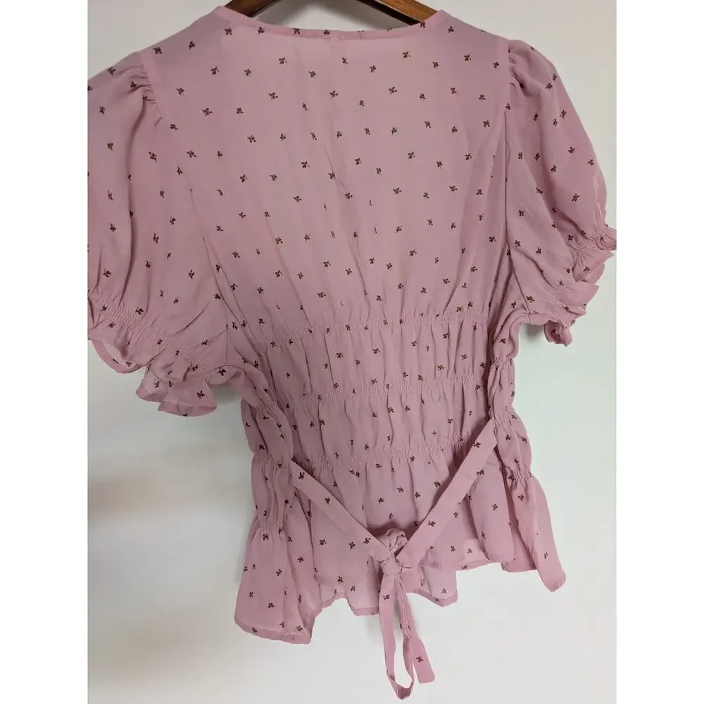 Free People NWT Adore You Smocked Peplum Blouse Pink Mauve Puff Sleeve M